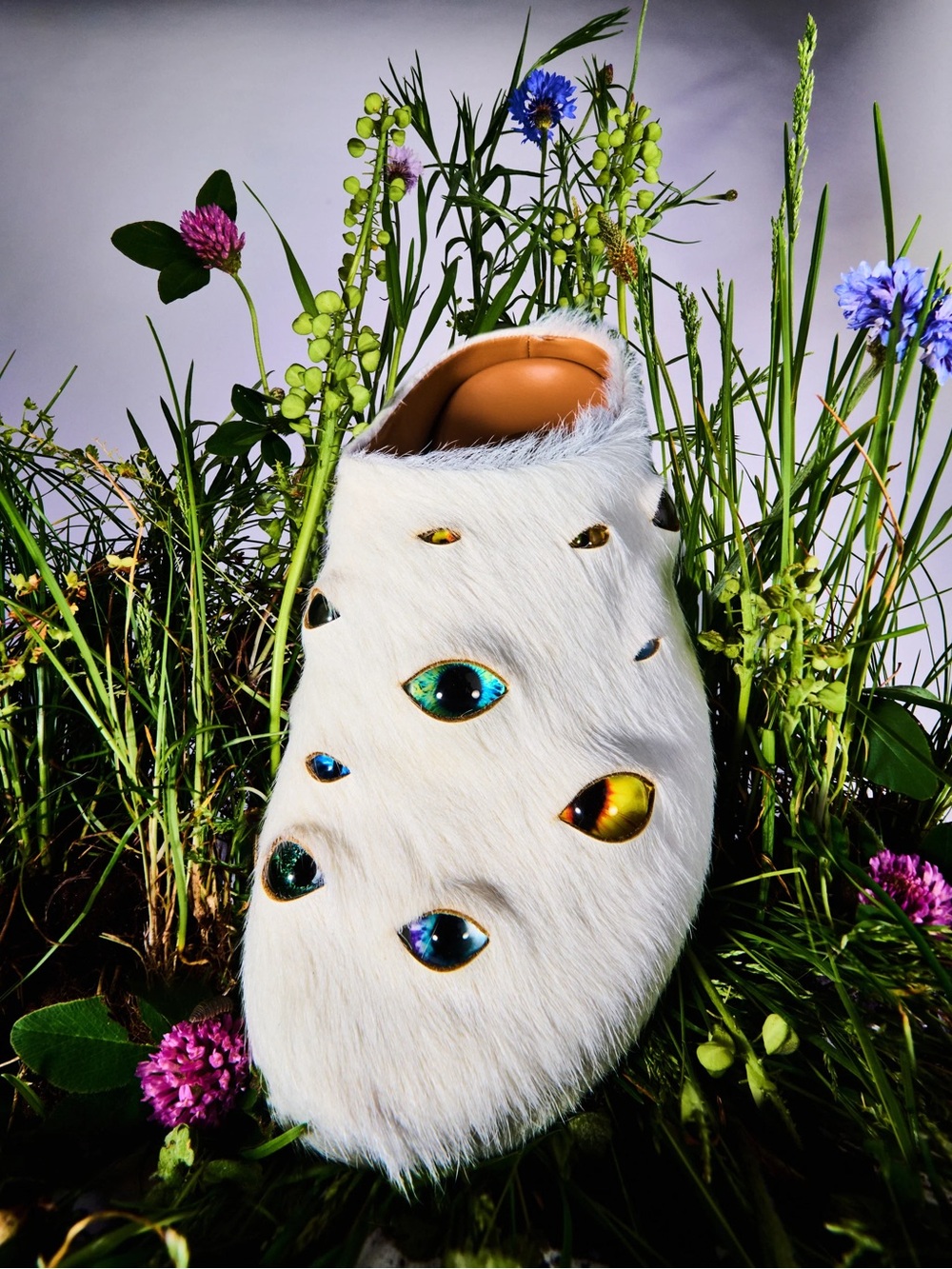 Esenes Worldwide White Faux Fur Clog Slippers with Multicolor Eye Cutouts BNIB